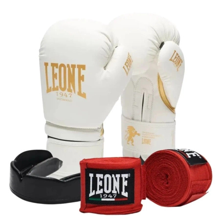 Zestaw Rękawice Leone WHITE&GOLD + bandaże + szczęka