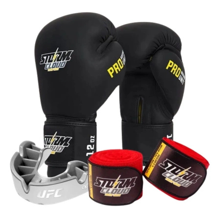 Zestaw Rękawice StormCloud Boxing Pro czarne + bandaże + szczęka
