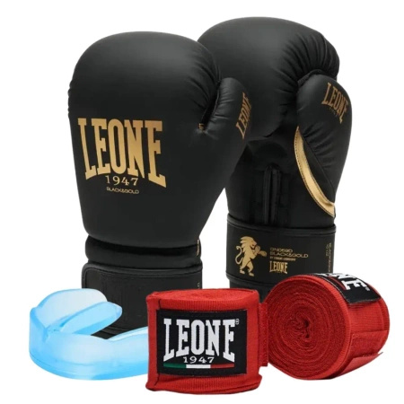 Zestaw Rękawice Leone BLACK&GOLD + bandaże + szczęka