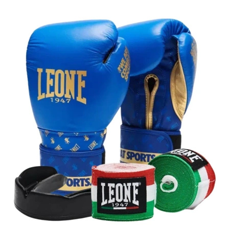 Zestaw Rękawice Leone DNA niebieskie + bandaże + szczęka
