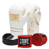 Zestaw Rękawice Leone WHITE&GOLD + bandaże + szczęka