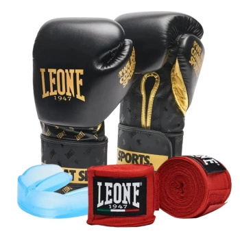 Zestaw Rękawice Leone DNA czarne + bandaże + szczęka